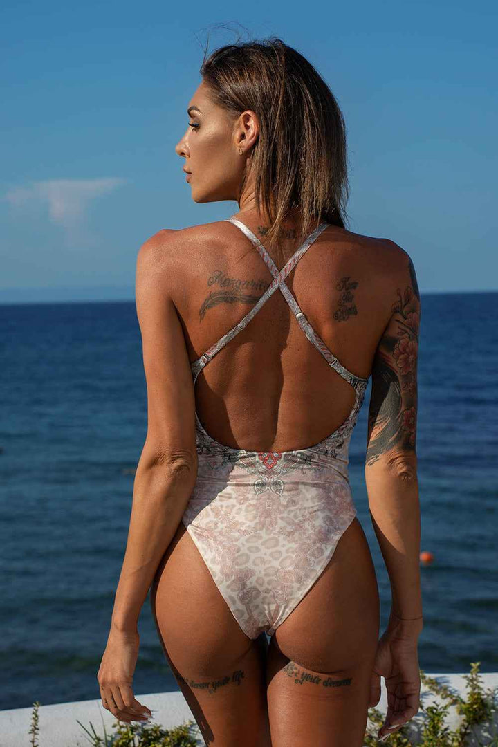 ONE-PIECE DEEP V-NECK SWIMSUIT – PAISLEY BEIGE - Fashion Roots
