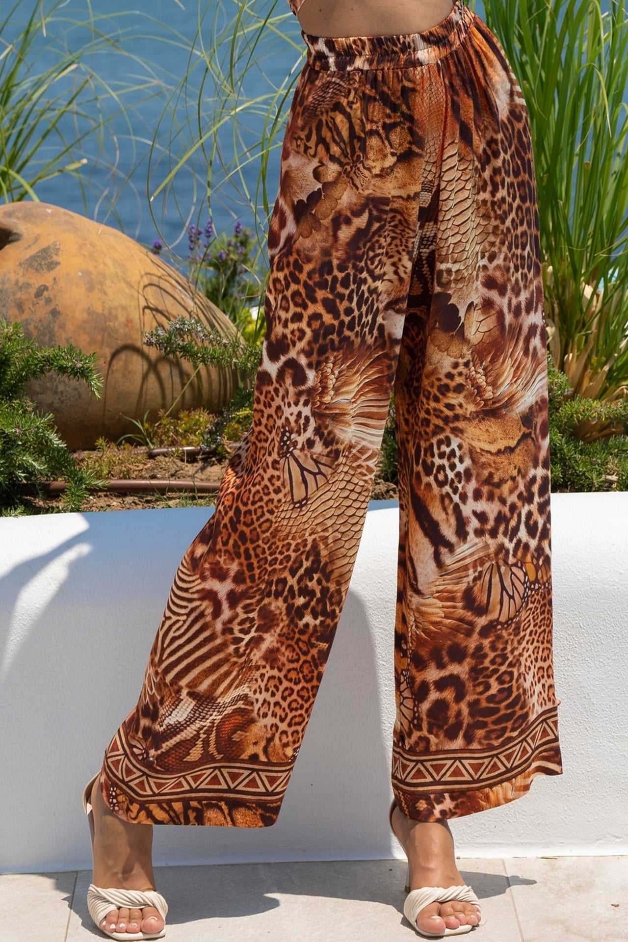 SATIN VISCOSE LOOSE FIT PANTS - LEO SAND - Fashion Roots