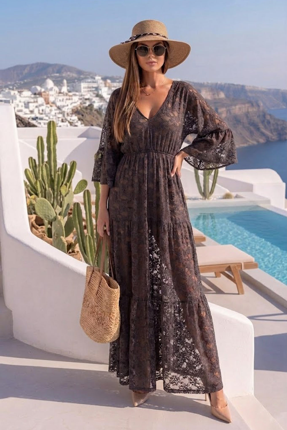 ESPRESSO BOHO LACE DRESS WITH GATHERED RUFFLES AND LINING - ESSENTIALS