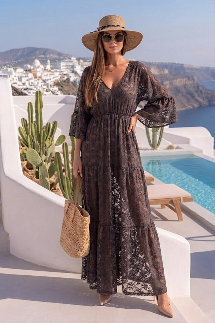 ESPRESSO BOHO LACE DRESS WITH GATHERED RUFFLES AND LINING - ESSENTIALS JIORO ДАНТЕЛЕНА БОХО РОКЛЯ В ЦВЯТ ЕСПРЕСО С ВОЛАНИ И ПОДВИЖНА ПОДПЛАТА - ESSENTIALS JIORO