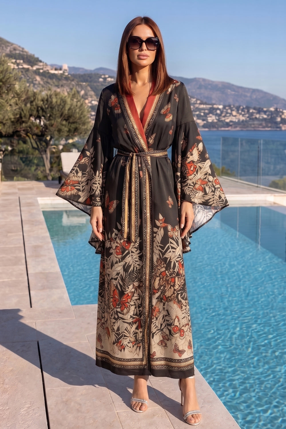 VISCOSE KIMONO WITH DRAPED BACK AND SHAWL COLLAR - MIDNIGHT BUTTERFLIES