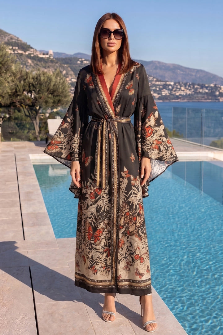 VISCOSE KIMONO WITH DRAPED BACK AND SHAWL COLLAR - MIDNIGHT BUTTERFLIES