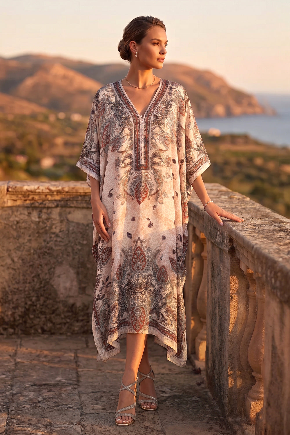 CAFTAN SATINÉ EN VISCOSE - PAISLEY BEIGE