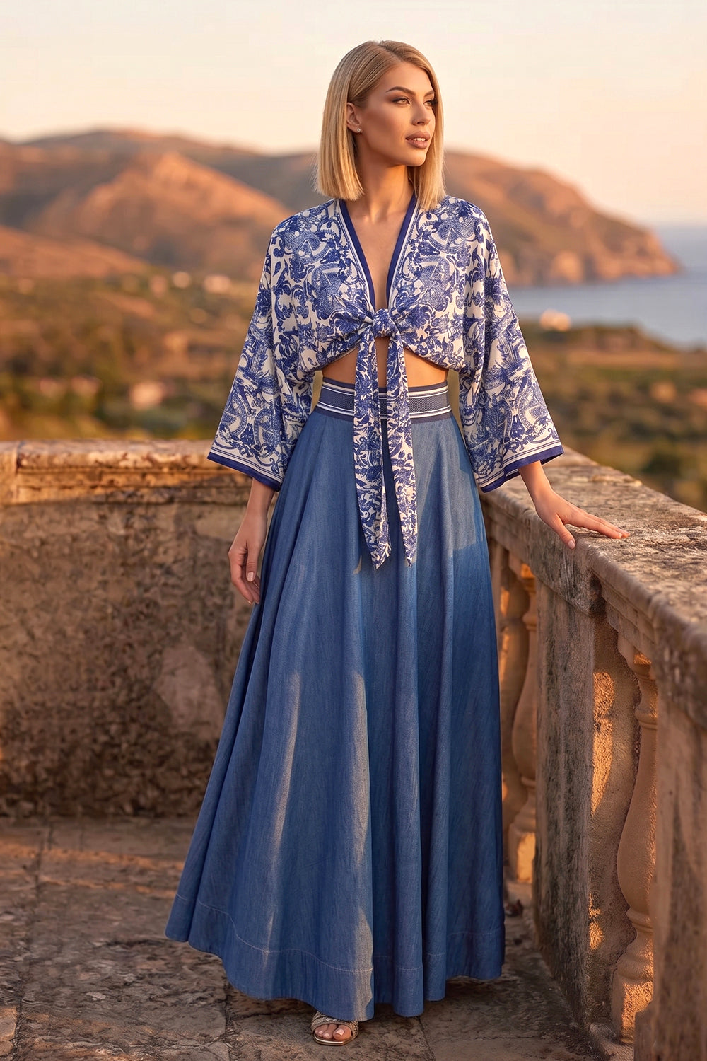 LONG DENIM SKIRT WITH ELASTIC WAIST AND SIDE POCKETS - ESSENTIALS