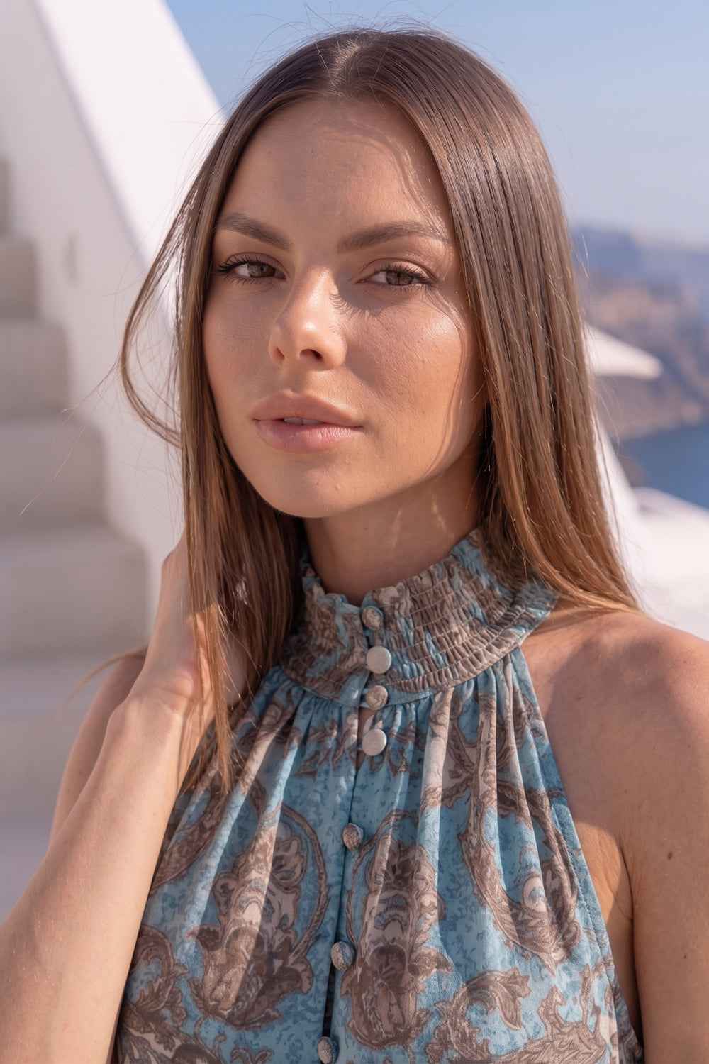 VISCOSE CROP TOP WITH HALTER NECKLINE - PAISLEY SKY