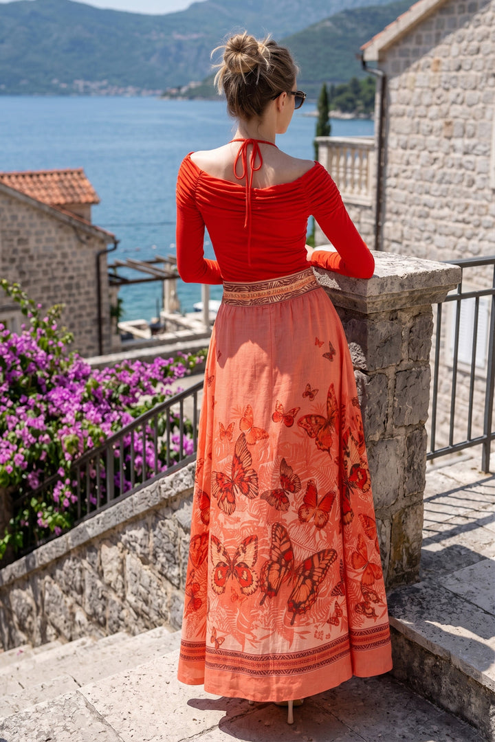 WATERMELON VISCOSE STRETCH WRAP BLOUSE WITH GATHERS - ESSENTIALS JIORO БЛУЗА ОТ ВИСКОЗА В ЦВЯТ ДИНЯ С ПАДНАЛО РАМО И НАБОРИ - ESSENTIALS JIORO