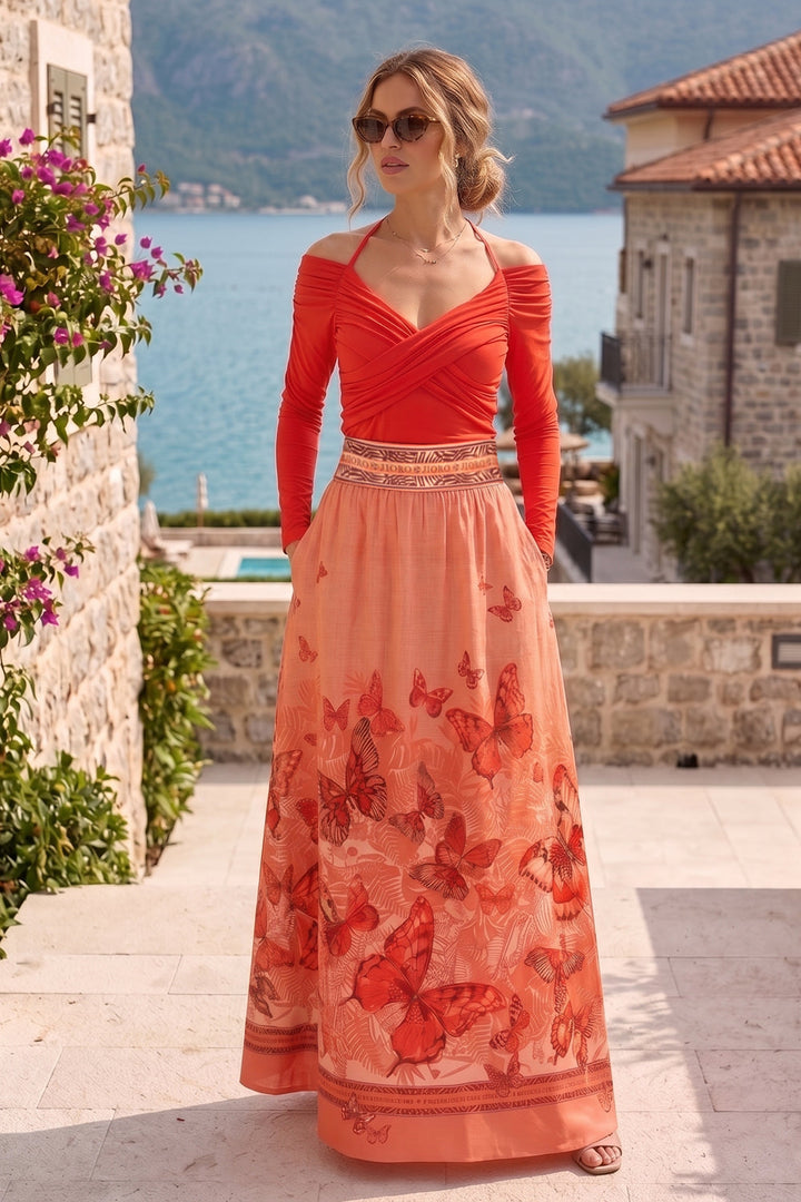 WATERMELON VISCOSE STRETCH WRAP BLOUSE WITH GATHERS - ESSENTIALS JIORO БЛУЗА ОТ ВИСКОЗА В ЦВЯТ ДИНЯ С ПАДНАЛО РАМО И НАБОРИ - ESSENTIALS JIORO