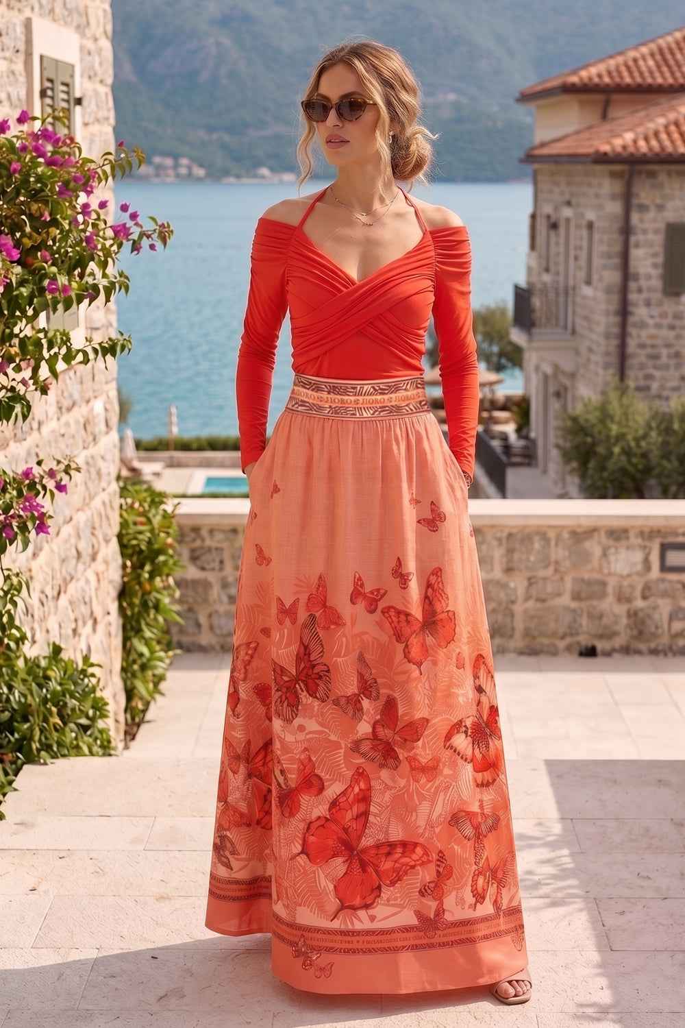 LONG LINEN SKIRT WITH ELASTIC WAIST AND SIDE POCKETS - PAPAYA BUTTERFLIES