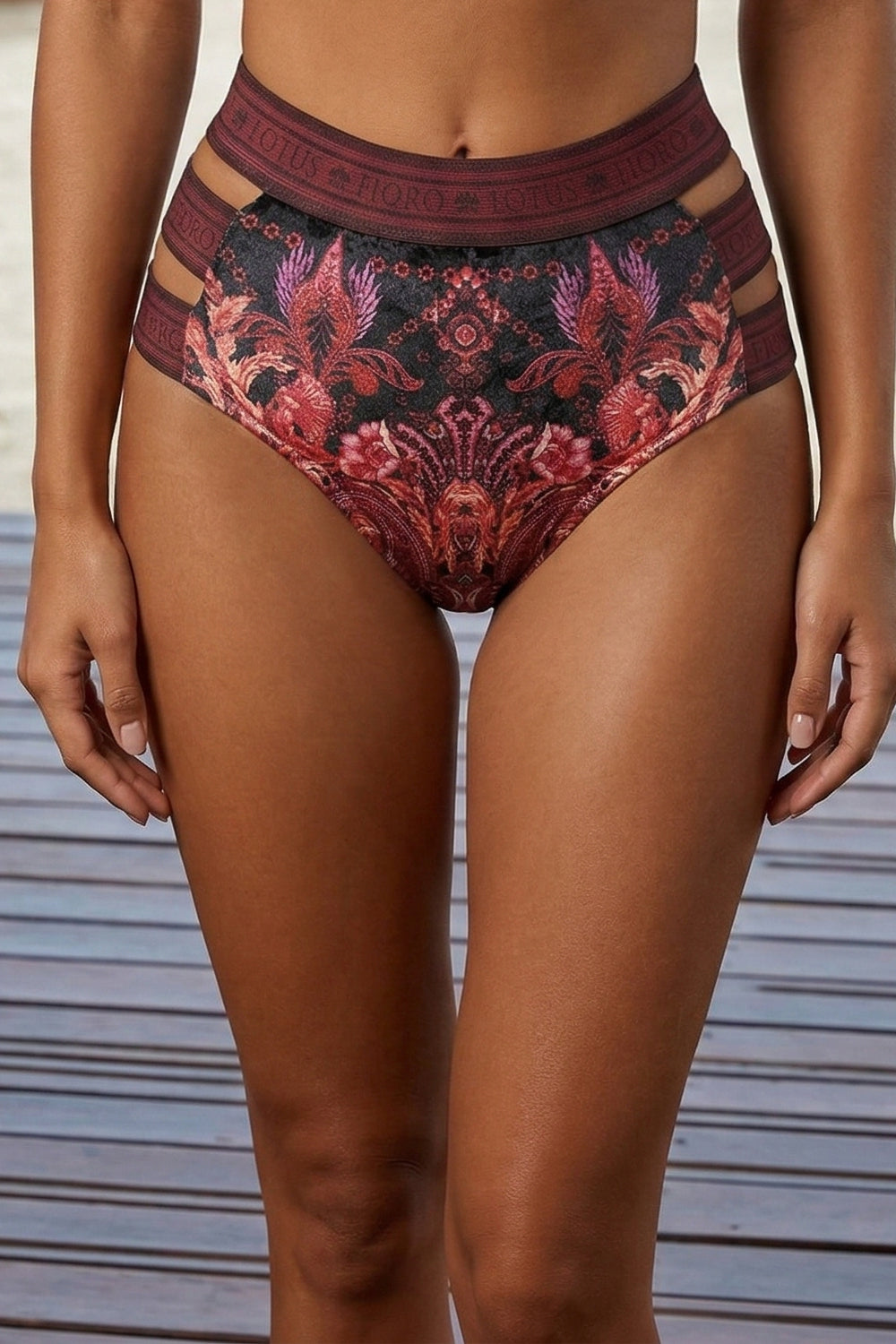 HIGH-WAISTED VELVET BIKINI BOTTOMS - PAISLEY DARK - Fashion Roots