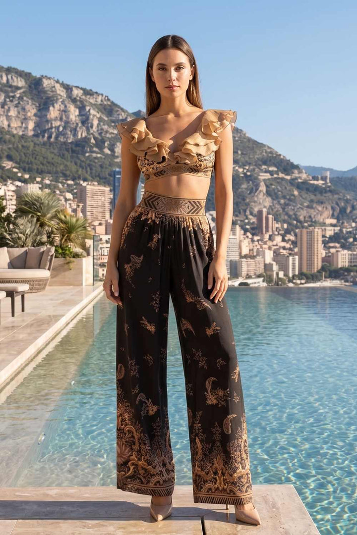 VISCOSE SATIN WIDE-LEG TROUSERS WITH ELASTIC WAIST - GOLDEN STRIPES JIORO СВОБОДЕН ПАНТАЛОН ОТ ЛЪСКАВА ВИСКОЗА - GOLDEN STRIPES JIORO