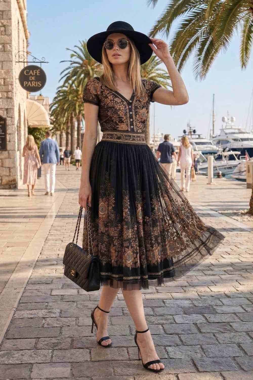 BASIC TOP WITH DEEP V-NECK AND BUTTONS - GOLDEN ROSES - Fashion Roots
