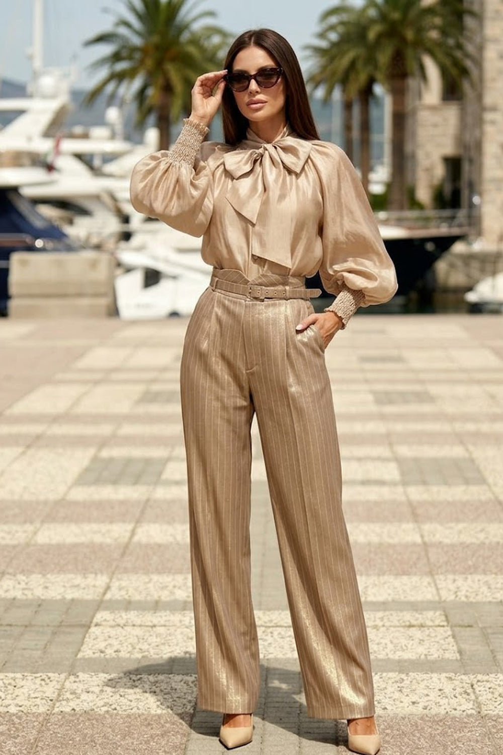 BOHEMIAN BEIGE LYOCELL BLOUSE WITH PUFF SLEEVES AND TIE-FRONT COLLAR - ESSENTIALS