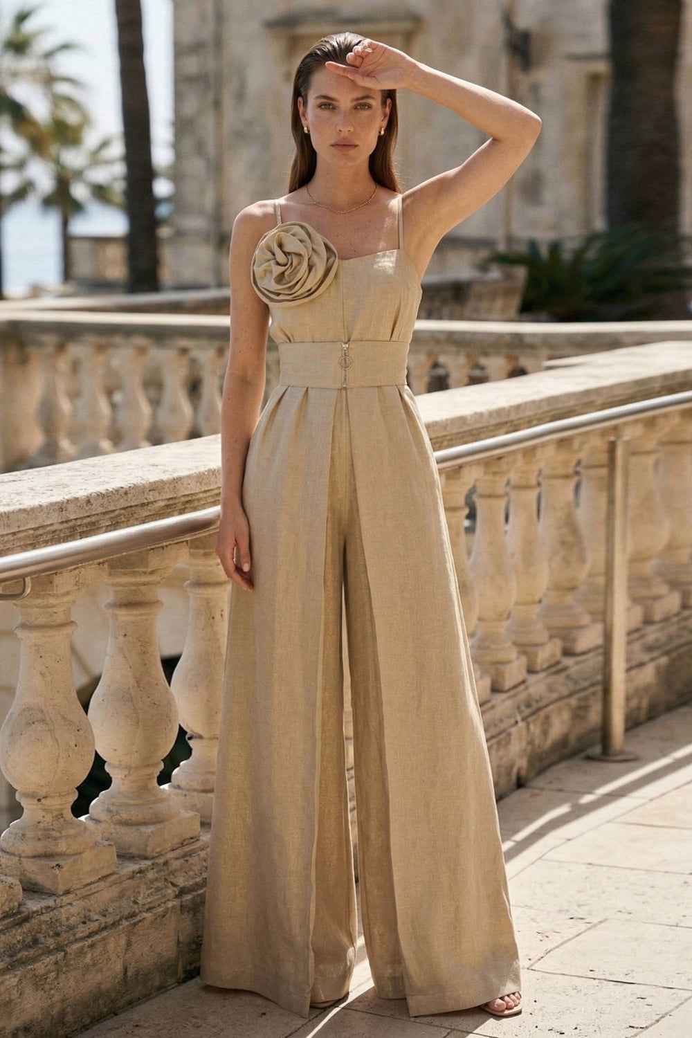 OFF-SHOULDER JUMPSUIT WITH FLORAL DETAILS IN GOLD LINEN-VISCOSE - ESSENTIALS