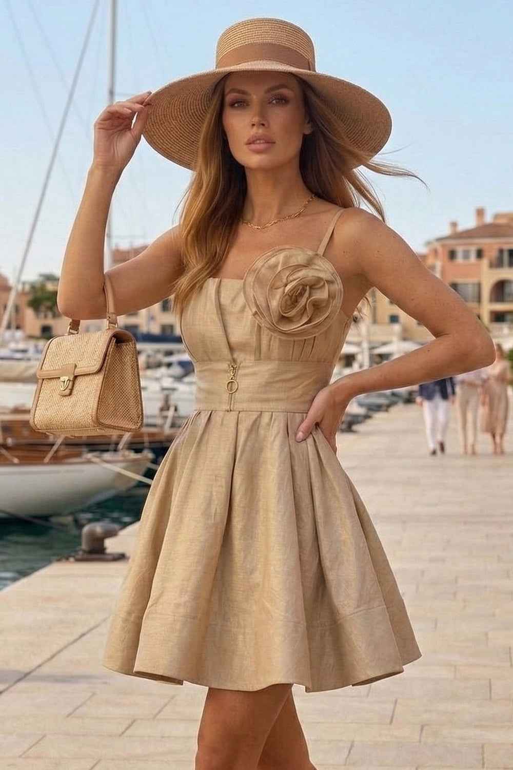 A-LINE CORSET LINEN-VISCOSE DRESS WITH FLORAL DETAILS - ESSENTIALS