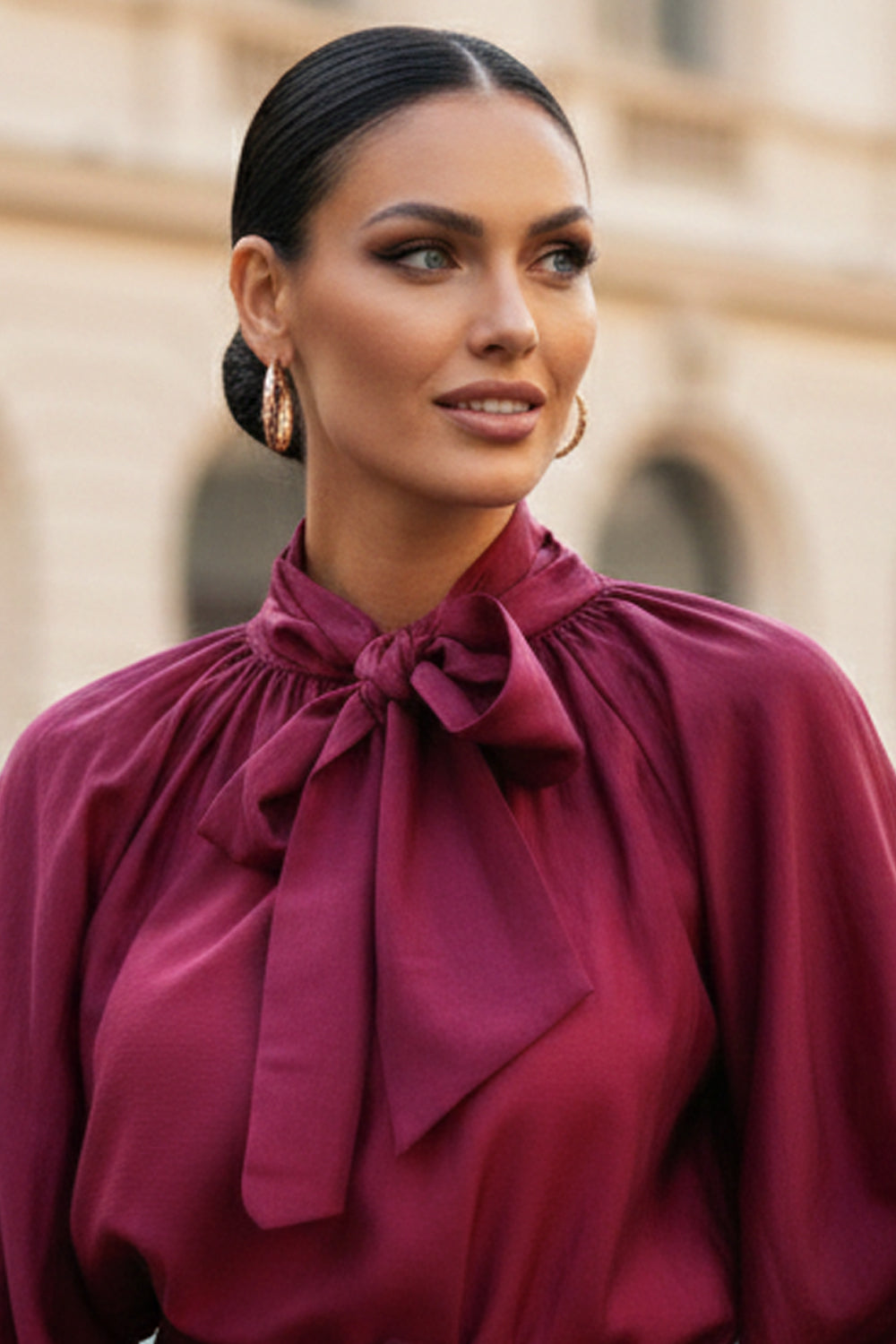 BOHEMIAN BURGUNDY BLOUSE WITH PUFF SLEEVES AND TIE-FRONT COLLAR - ESSENTIALS JIORO БОХЕМСКА РИЗА С БУФАН РЪКАВИ И ЯКА С ВРЪЗКИ В БУРГУНДИ - ESSENTIALS JIORO