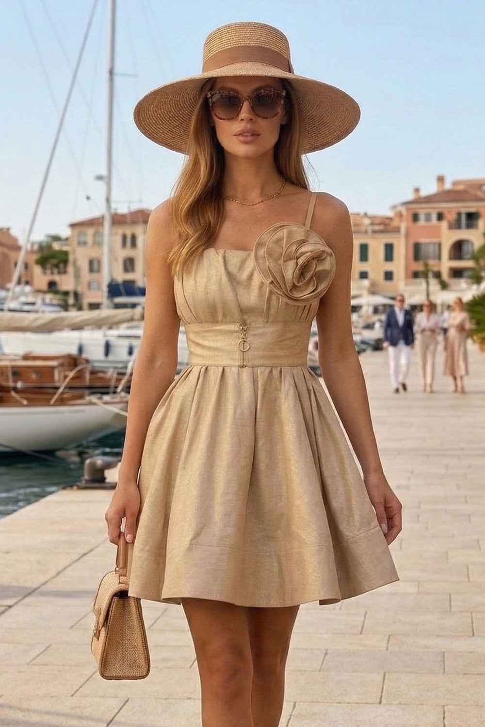 A-LINE CORSET LINEN-VISCOSE DRESS WITH FLORAL DETAILS - ESSENTIALS