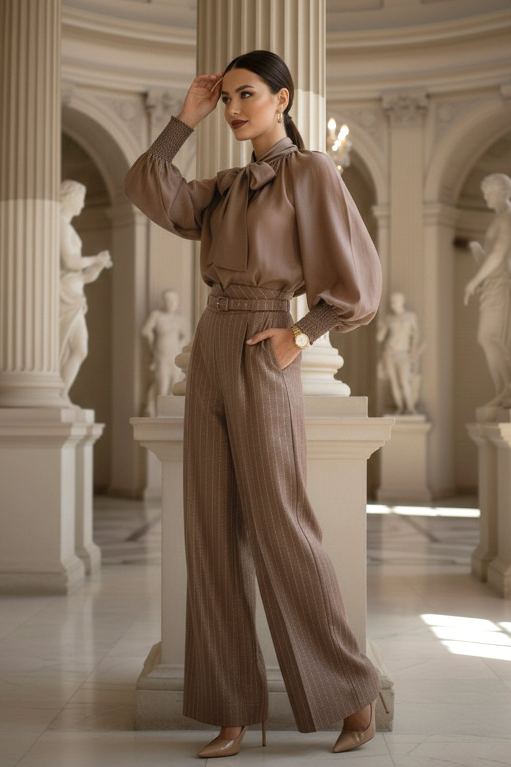 PANTALON À RAYURES TAILLE HAUTE ET JAMBE LARGE BEIGE - ESSENTIALS