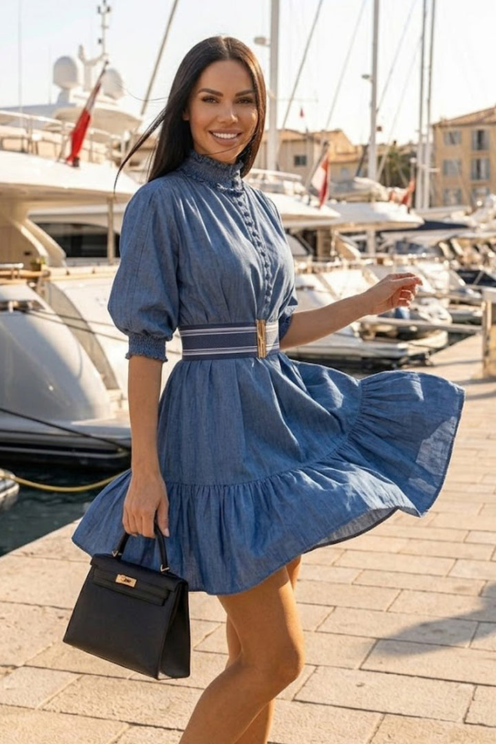 DENIM DRESS WITH ELASTICATED NECKLINE AND BELT - ESSENTIALS