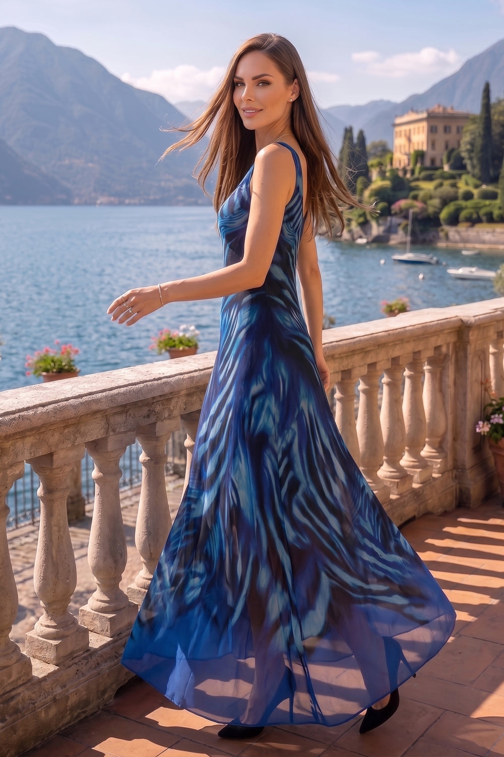 SLEEVELESS LONG MESH DRESS WITH SOFT MODAL LINING - SHADES OF BLUE JIORO ДЪЛГА РОКЛЯ ОТ МРЕЖА БЕЗ РЪКАВИ С ПОДПЛАТА ОТ МОДАЛ - SHADES OF BLUE JIORO