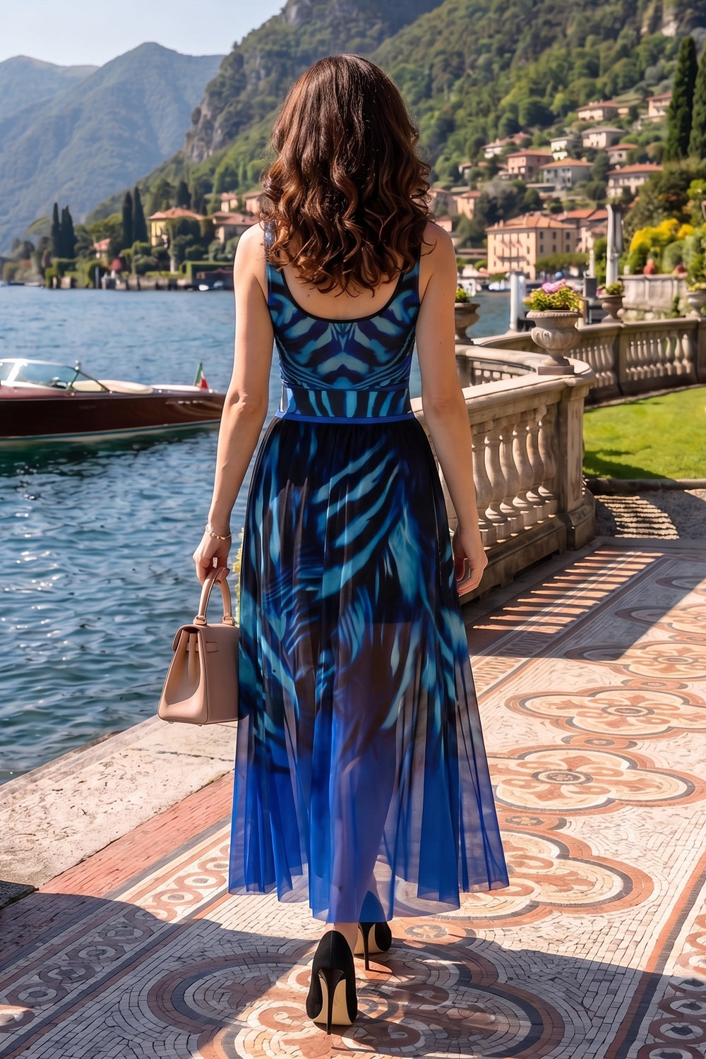 SLEEVELESS MESH BODYSUIT WITH DEEP SCOOP NECKLINE AND MODAL LINING - SHADES OF BLUE