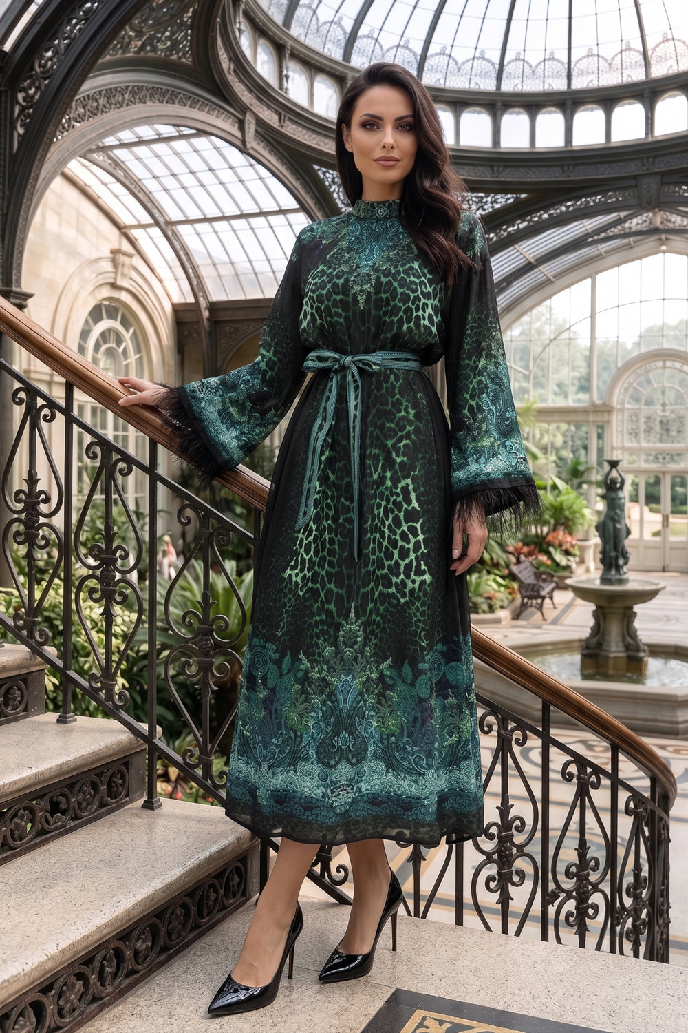VISCOSE CAFTAN WITH FEATHERS - LEO NEON GREEN