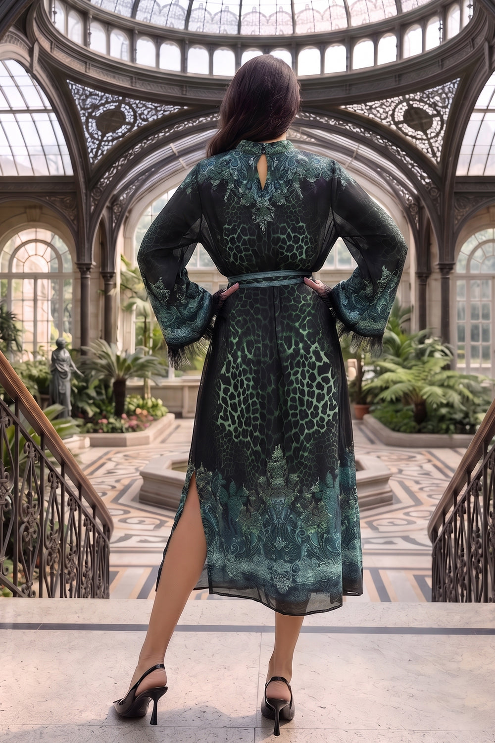 VISCOSE CAFTAN WITH FEATHERS - LEO NEON GREEN