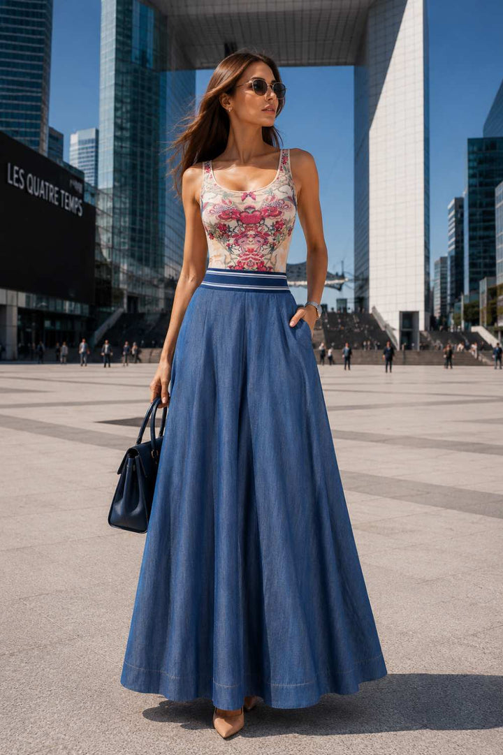 LONG DENIM SKIRT WITH ELASTIC WAIST AND SIDE POCKETS - ESSENTIALS
