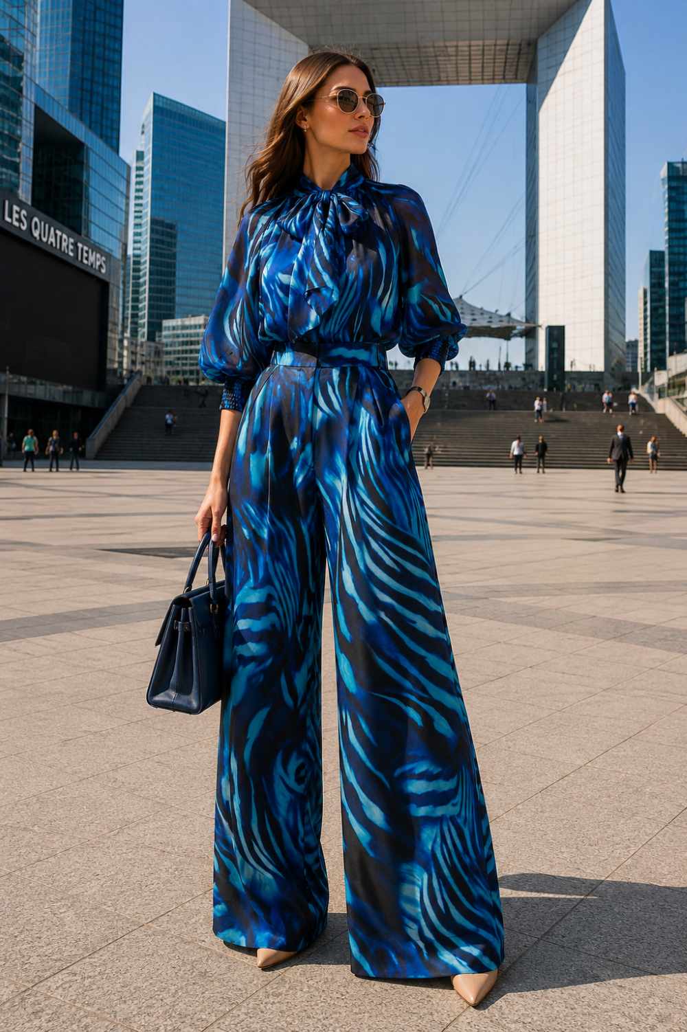 BOHEMIAN BLOUSE WITH PUFF SLEEVES AND TIE-FRONT COLLAR - SHADES OF BLUE
