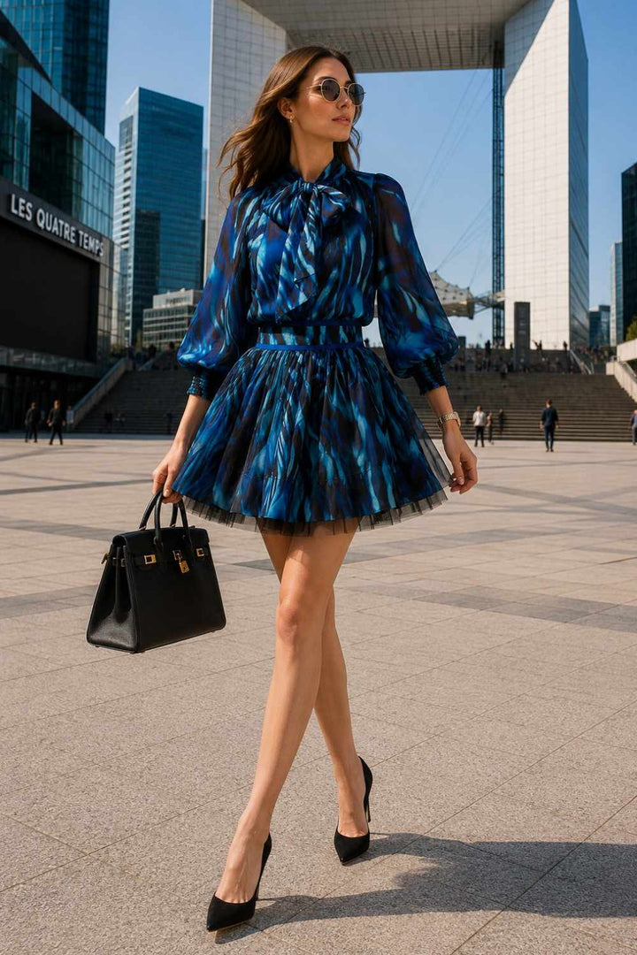 BOHEMIAN BLOUSE WITH PUFF SLEEVES AND TIE-FRONT COLLAR - SHADES OF BLUE