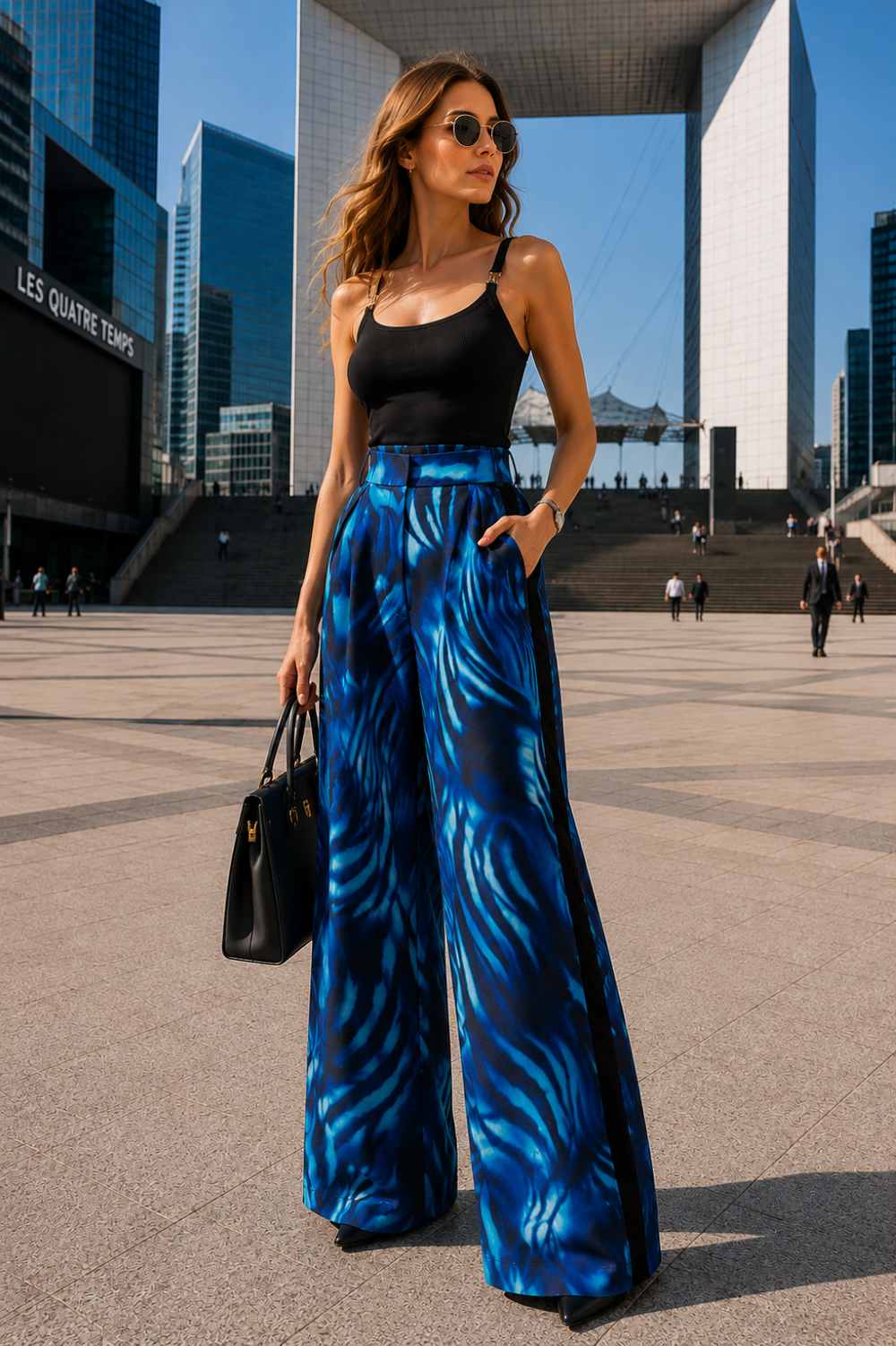 PLEATED WIDE-LEG VISCOSE PANTS - SHADES OF BLUE