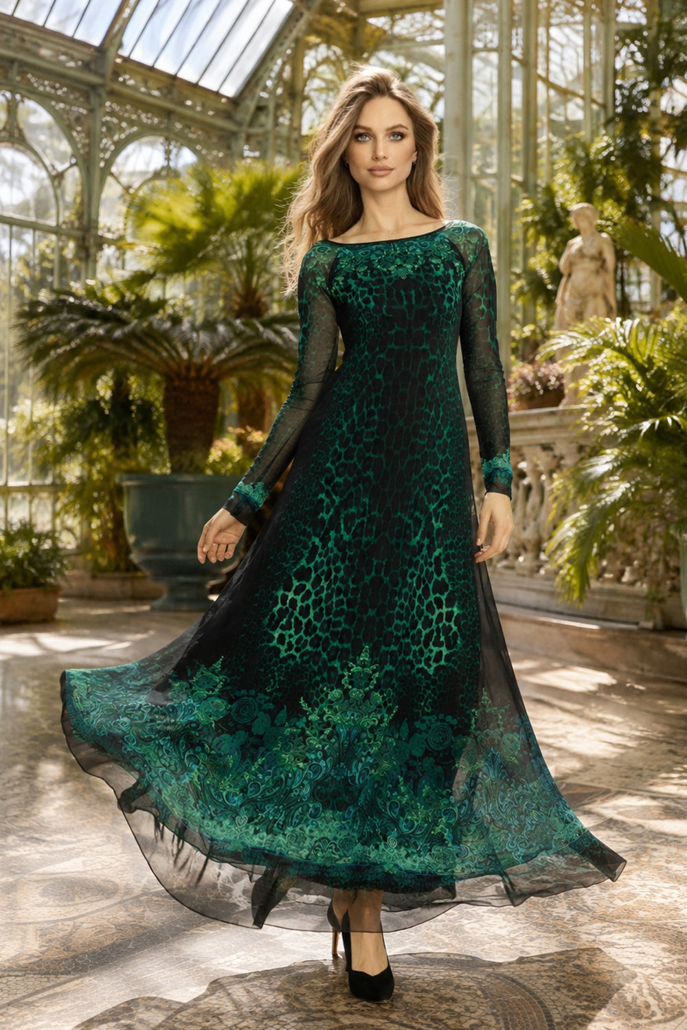 LONG FINE NET DRESS WITH BOAT NECKLINE - LEO NEON GREEN