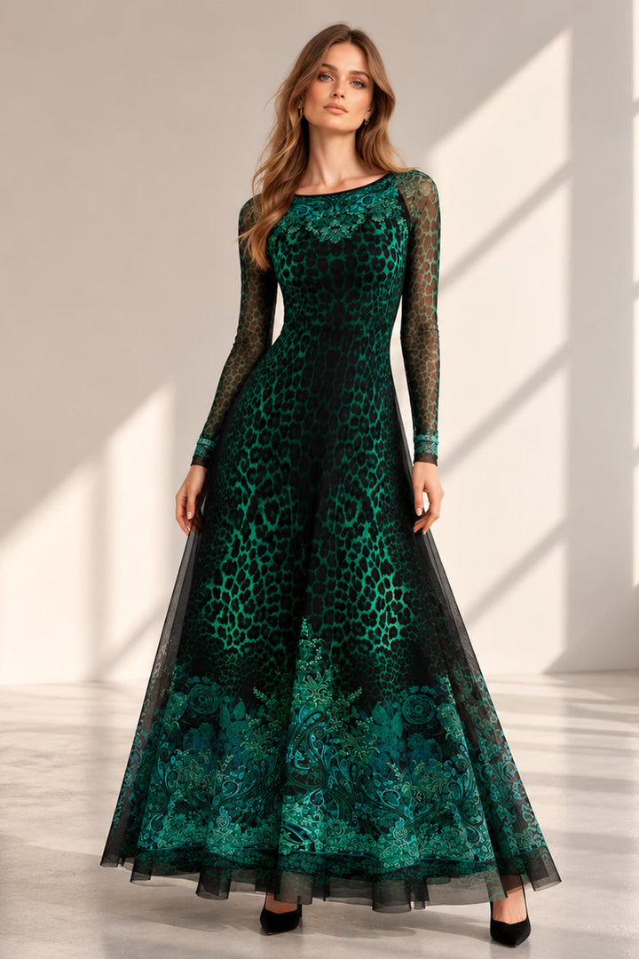 LONG FINE NET DRESS WITH BOAT NECKLINE - LEO NEON GREEN