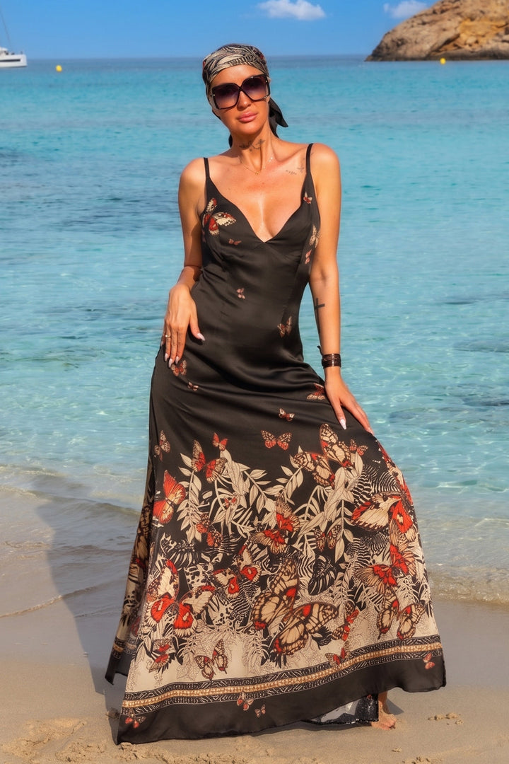 VISCOSE SLIP DRESS WITH OPEN BACK AND THIN STRAPS - MIDNIGHT BUTTERFLIES JIORO РОКЛЯ ОТ ВИСКОЗА С ОТВОРЕН ГРЪБ И ТЪНКИ ПРЕЗРАМКИ - MIDNIGHT BUTTERFLIES JIORO 