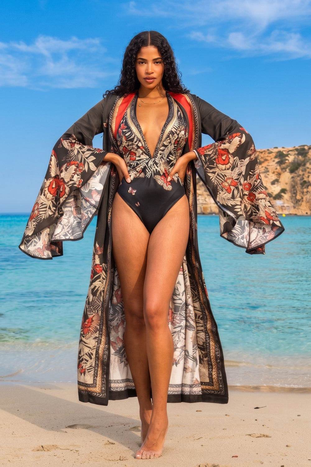 VISCOSE KIMONO WITH DRAPED BACK AND SHAWL COLLAR - MIDNIGHT BUTTERFLIES