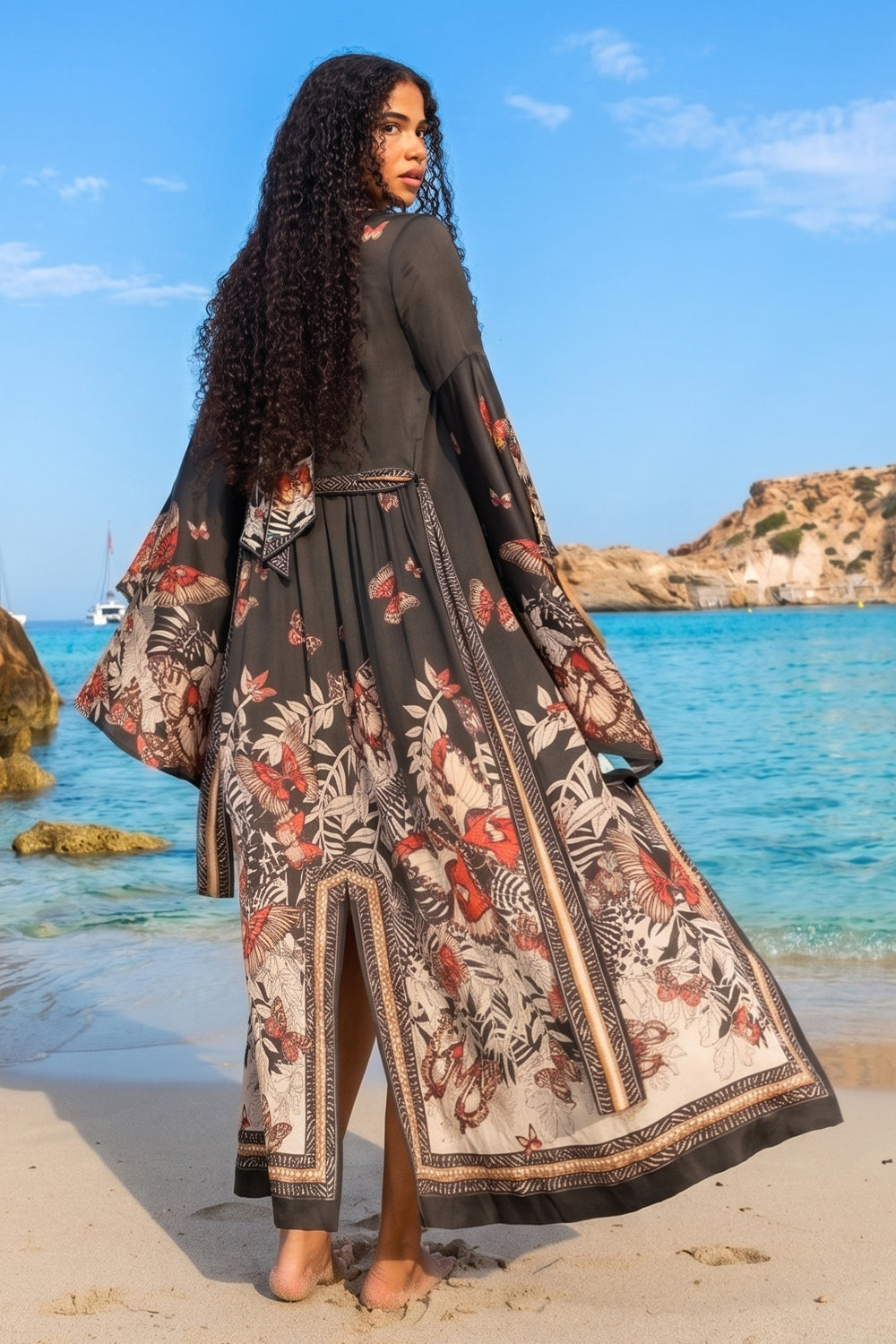 VISCOSE KIMONO WITH DRAPED BACK AND SHAWL COLLAR - MIDNIGHT BUTTERFLIES