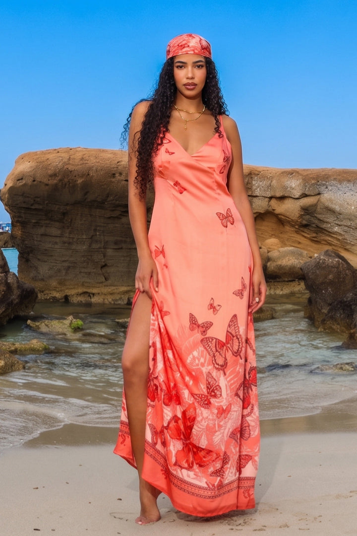 VISCOSE SLIP DRESS WITH OPEN BACK AND THIN STRAPS - PAPAYA BUTTERFLIES JIORO РОКЛЯ ОТ ВИСКОЗА С ОТВОРЕН ГРЪБ И ТЪНКИ ПРЕЗРАМКИ - PAPAYA BUTTERFLIES JIORO