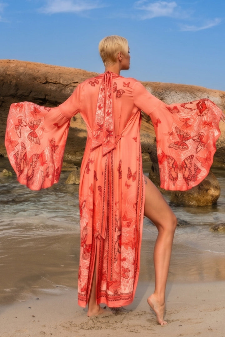 VISCOSE KIMONO WITH DRAPED BACK AND SHAWL COLLAR - PAPAYA BUTTERFLIES JIORO КИМОНО ОТ ВИСКОЗА С ШАЛ ЯКА И ДРАПИРАН ГРЪБ - PAPAYA BUTTERFLIES JIORO