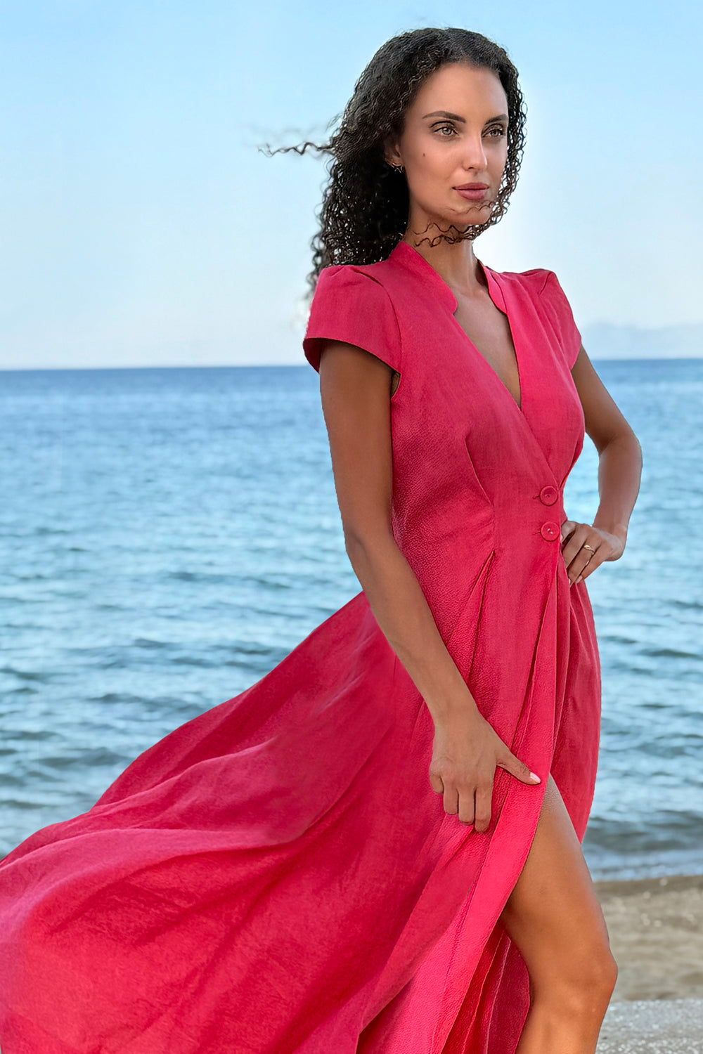LONG FLARED LINEN DRESS IN FUCHSIA - ESSENTIALS - Fashion Roots