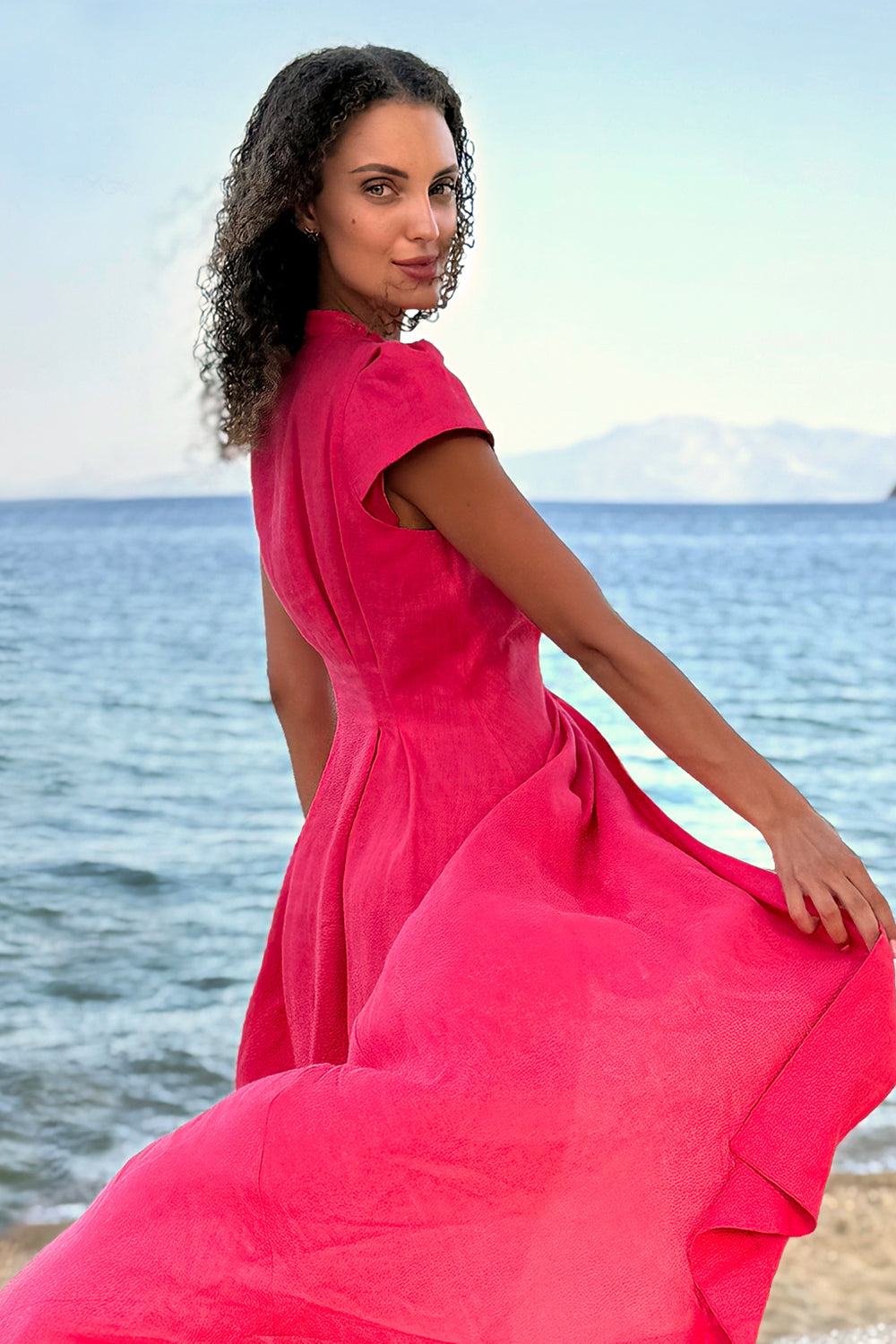 LONG FLARED LINEN DRESS IN FUCHSIA - ESSENTIALS - Fashion Roots