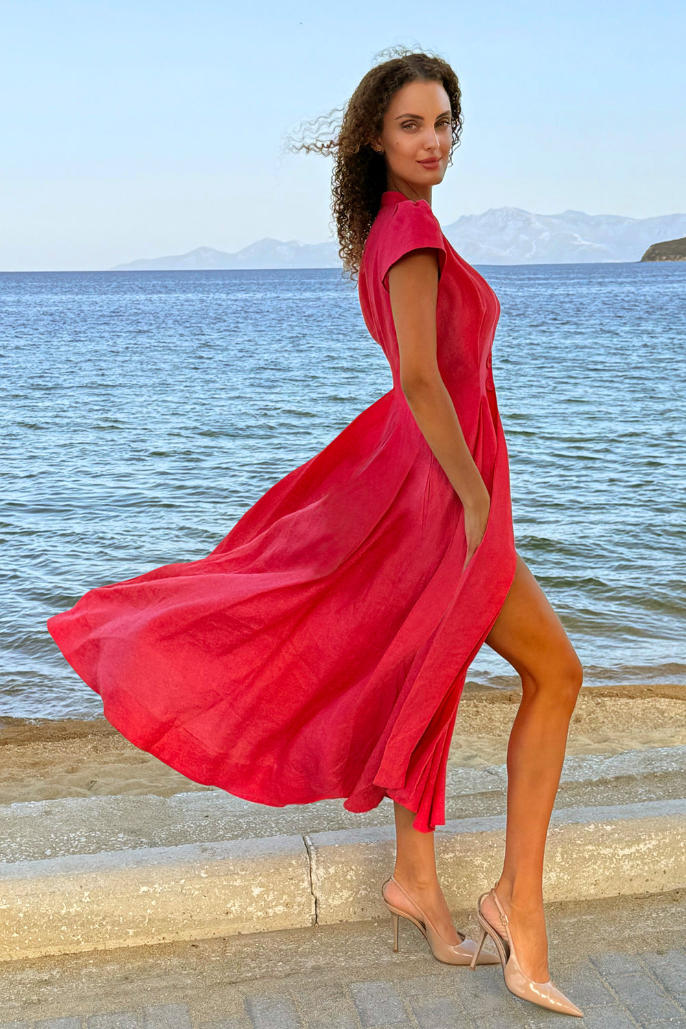 LONG FLARED LINEN DRESS IN FUCHSIA - ESSENTIALS - Fashion Roots