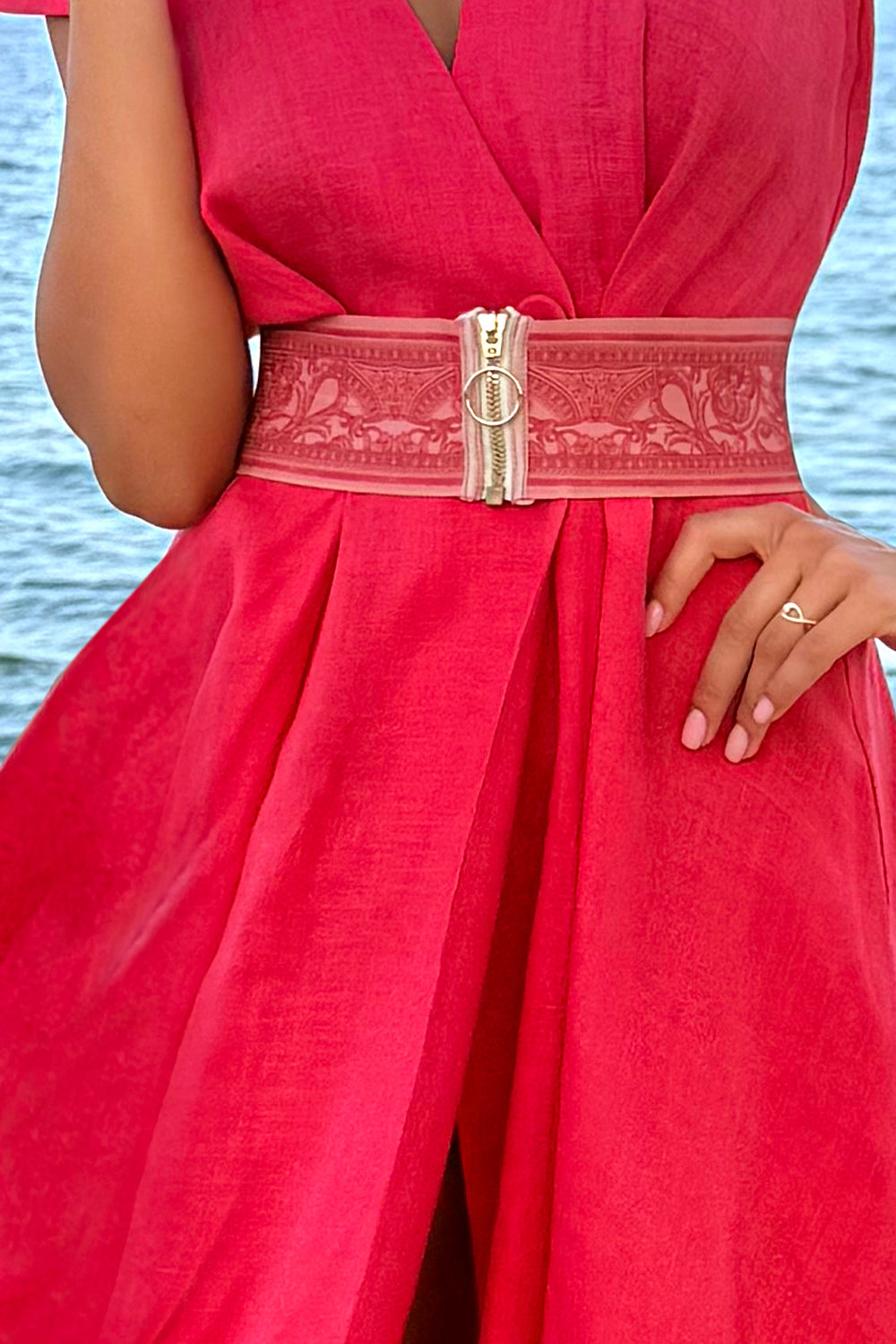 WIDE ELASTIC BELT WITH ZIPPER - BAROQUE CORAL