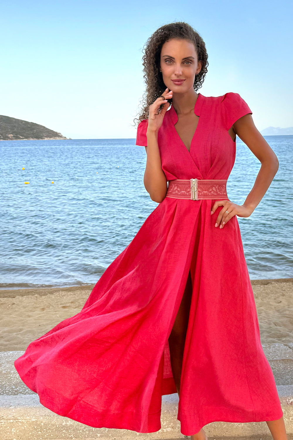 LONG FLARED LINEN DRESS IN FUCHSIA - ESSENTIALS - Fashion Roots