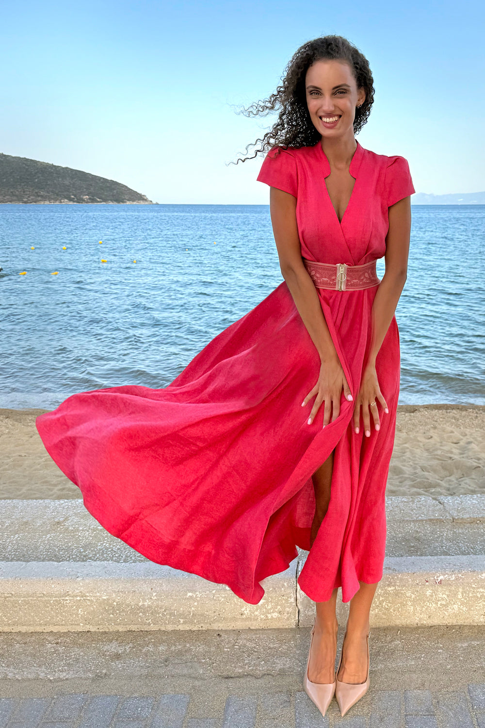 LONG FLARED LINEN DRESS IN FUCHSIA - ESSENTIALS - Fashion Roots