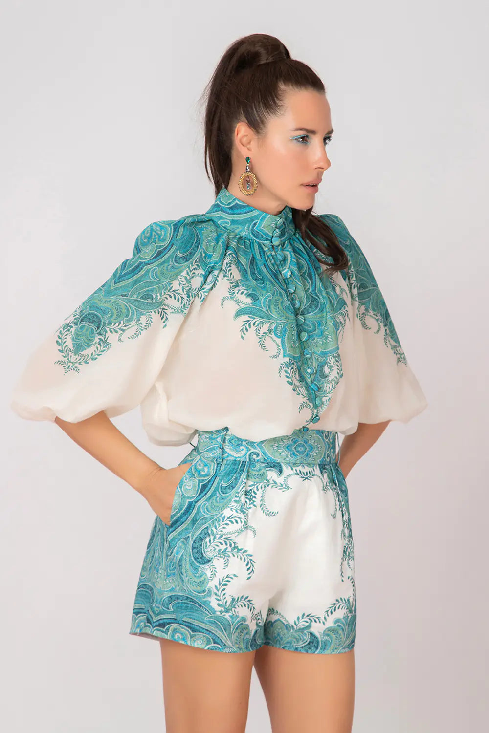 COTTON AND SILK SHIRT WITH PUFF SLEEVES - BUTTER LEAVES