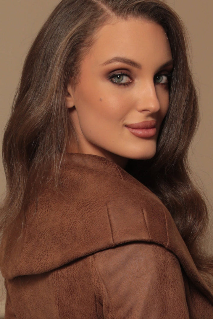 SUEDE-LOOK BLAZER WITH ASYMMETRICAL CLOSURE  IN BROWN- ESSENTIALS JIORO БЛЕЙЗЕР С ШАЛ ЯКА ОТ ВЕЛУР В КАФЯВО - ESSENTIALS JIORO