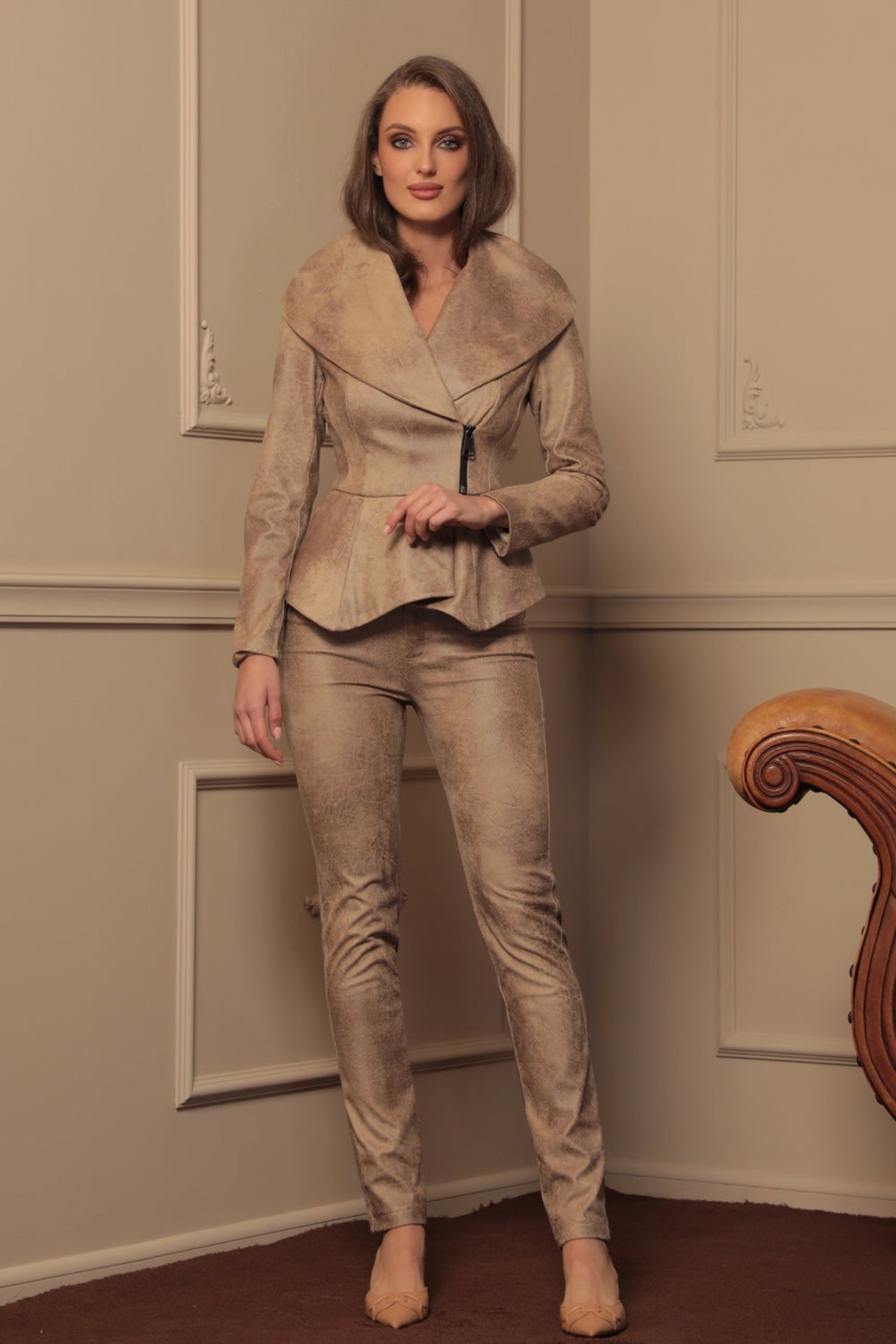 SUEDE-LOOK BLAZER WITH ASYMMETRICAL CLOSURE IN CAPPUCINO- ESSENTIALS