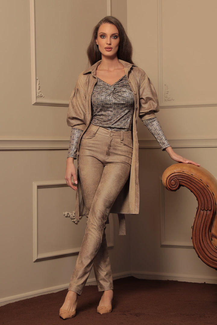 SUEDE-LOOK SHIRT DRESS IN CAPPUCINO - ESSENTIALS - Fashion Roots