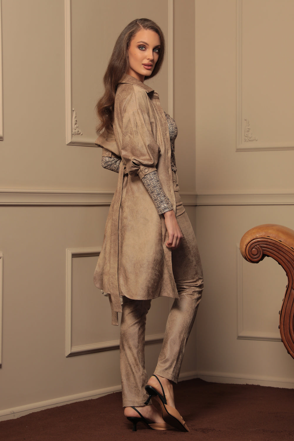 SUEDE-LOOK SHIRT DRESS IN CAPPUCINO - ESSENTIALS - Fashion Roots
