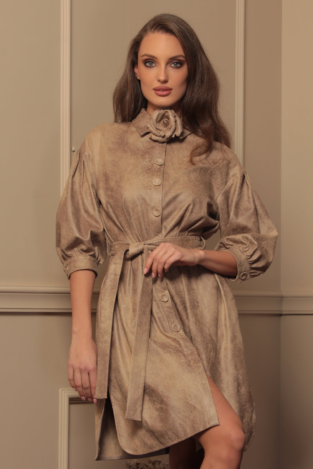 SUEDE-LOOK SHIRT DRESS IN CAPPUCINO - ESSENTIALS