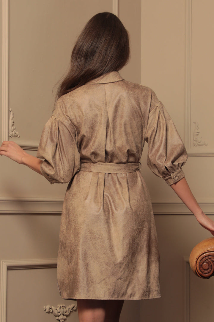SUEDE-LOOK SHIRT DRESS IN CAPPUCINO - ESSENTIALS - Fashion Roots